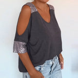 T-Shirt avec Patch de Séquins en Off - the - Shoulder