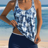 Tankini Imprimé Sans Manches Boxer Deux Pièces