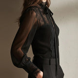 Blouse Dentelle-Insérée Col Montant Nœud
