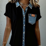 T-Shirt Denim Patchwork Col Retourné