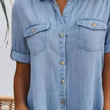 Robe Manches Courtes Col Solide Bouton