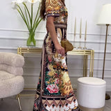 Robe longue à manches courtes et revers imprimé rétro