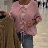 Cardigan décontracté à manches longues et lacets de couleur unie