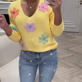 Pull Manches Longues Fleuri Col En V
