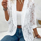 Manteau élégant à revers en dentelle florale de couleur unie