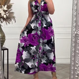 Robe élégante plissée sans manches à imprimé floral