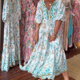 Robe longue femme col V imprimé feuilles