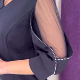 Robe Manches Mi-longues Col V Strass Couture