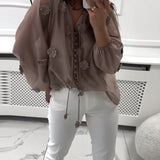 Blouse Unie Fleurs 3D À Lacets