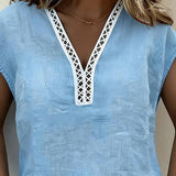 T-Shirt À Col En V Avec Motif Ajouré En Coton Et Lin