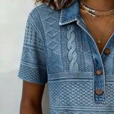 T-Shirt Col Rabattu Denim Imprimé