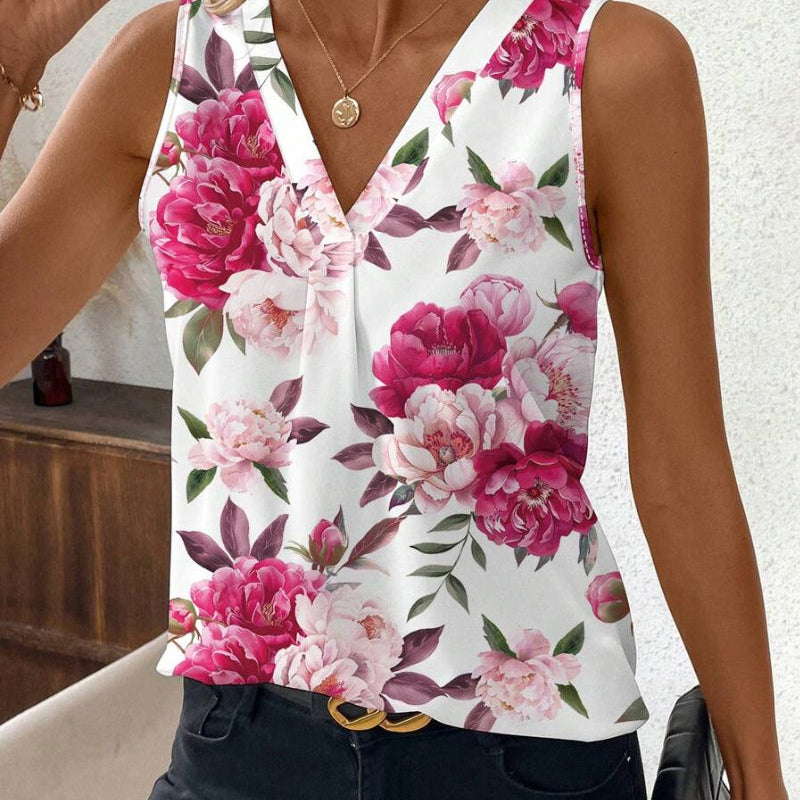 Une Blouse Sleeveless au Col V avec Impression de Roses