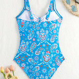 Maillot De Bain Décolleté Plissé Fleuri Une-Pièce