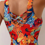 Maillot De Bain Une Pièce Col Rond Bretelles Larges Floral