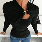 T-Shirt Femme Manche Longue Côtes Tricot Tournant Devant