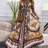 Robe longue à manches courtes et revers imprimé rétro