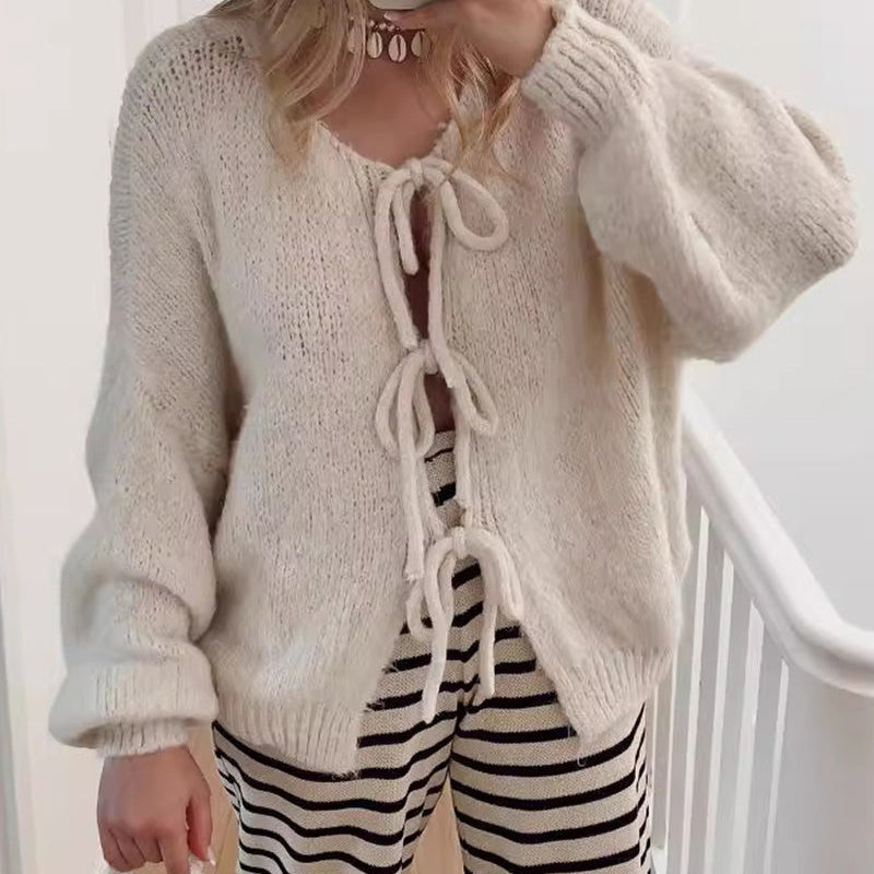 Cardigan à lacets de couleur unie de style paresseux