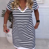 Robe Col En V Rayée Contrastée