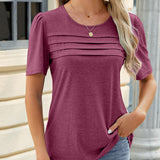 T-shirt à col en U froncé de couleur unie