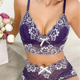 Ensemble Deux Pièces En Dentelle Florale Pour Femme Avec Soutien-Gorge Push-Up Et Culotte