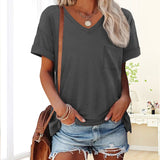 T-shirt à manches courtes et col en V avec poche de couleur unie