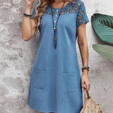 Robe de poche de couleur unie avec manches courtes en dentelle creuse