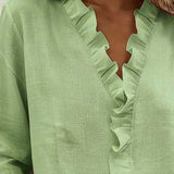 Blouse Froncé Col En V Manches Longues