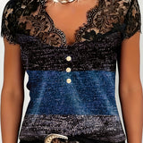 T-Shirt Col V Dentelle Patchwork Contraste Couleur