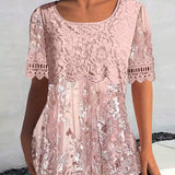 T-shirt Large Col Manches Courtes Dentelle Patchwork