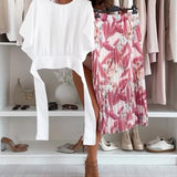 Blouse Couleur Unie Taille Nouée Manche Courte