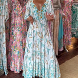 Robe longue femme col V imprimé feuilles