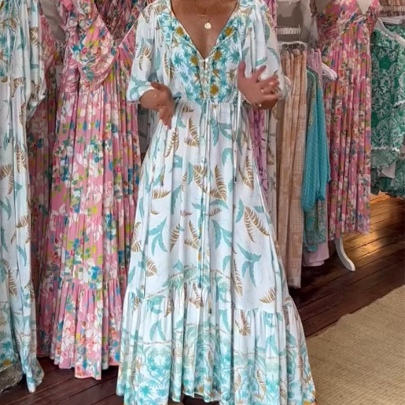 Robe longue femme col V imprimé feuilles