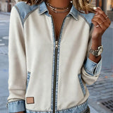 Manteau Col Revers Zippé Patchwork En Denim