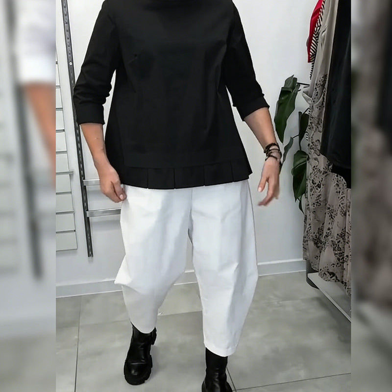 100% Coton Blouse Col Large Couleur Unie Décontracté