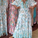 Robe longue femme col V imprimé feuilles