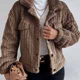 Manteau épais décontracté de couleur unie avec revers boutonné et manches longues