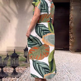 Robe fendue à manches courtes et imprimé feuilles