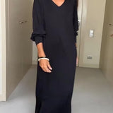 Robe décontractée à col en V de couleur unie