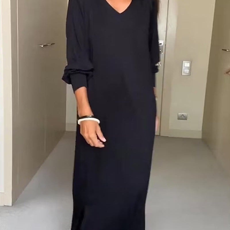 Robe décontractée à col en V de couleur unie