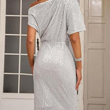 Robe élégante à paillettes avec col en V et épaules dénudées