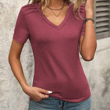 T - Shirt à Manches Courtes avec un Col V et une Couleur Uni
