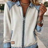 Manteau Col Revers Zippé Patchwork En Denim