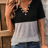T-Shirt Casual Rayé Couleur Contrastée