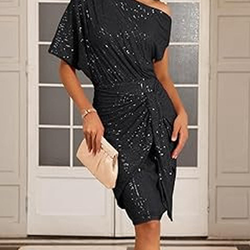 Robe élégante à paillettes avec col en V et épaules dénudées