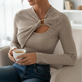 T-Shirt Femme Manche Longue Côtes Tricot Tournant Devant