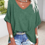 T-Shirt Col En V Ourlet Roulé Manches Courtes Large