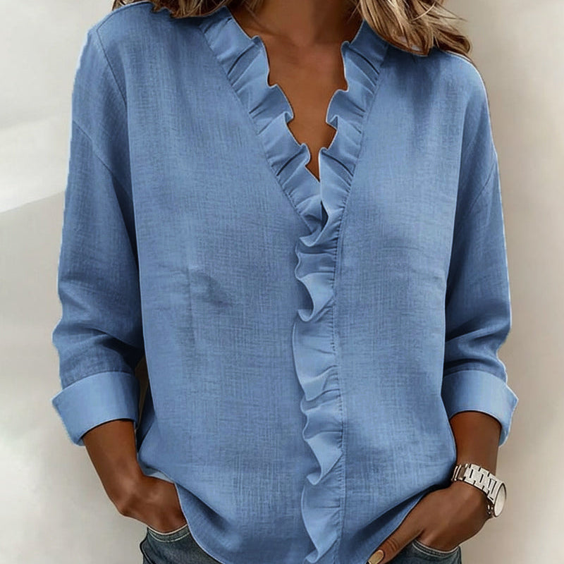 Blouse Froncé Col En V Manches Longues
