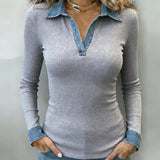 Haut Couleur Contrastante Patte Col V Manche Longue