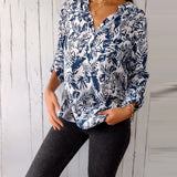 Blouse décontractée boutonnée imprimé feuilles, col V et manches neuf-quarts