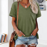 T-shirt à manches courtes et col en V avec poche de couleur unie